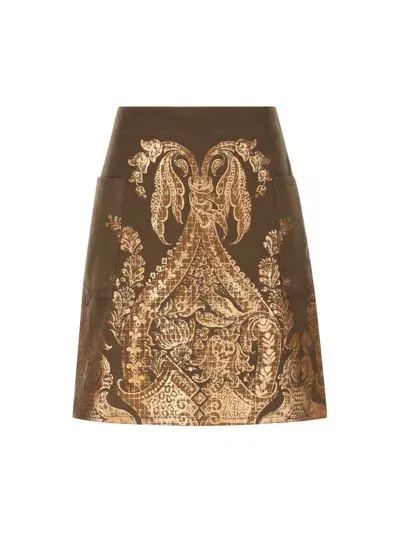 Etro Printed Metallic-effect Mini Skirt In Brown