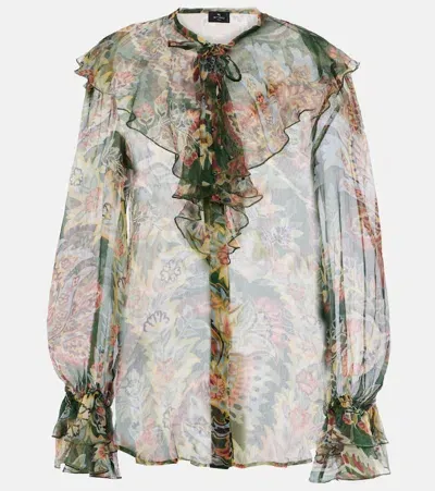 Etro Printed Ruffled Silk Blouse In Green