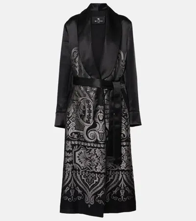 Etro Silk-blend Belted Coat In Grey