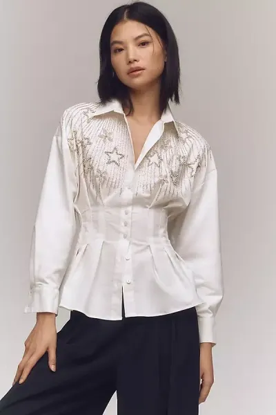 Exquise The Tobie Pleated Blouse By : Long-sleeve Star Edition In White