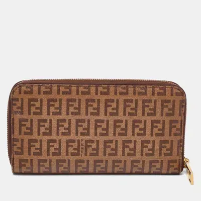 Pre-owned Fendi Brown/beige Zucchino Coated Canvas Zip Around Wallet