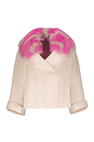 Fendi Fur Collar Cashmere Cape-coat In Pale Pink