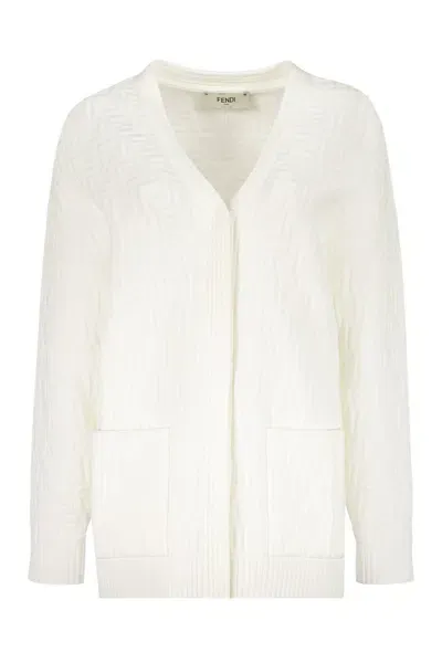 Fendi Jacquard Knit Cardigan In White