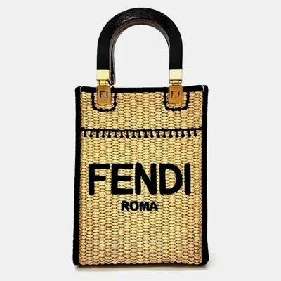 Pre-owned Fendi Straw Woven Sunshine Mini Crossbody Bag In Beige