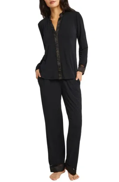 Fleur't Tuxedo Satin Trim Pajamas In Black