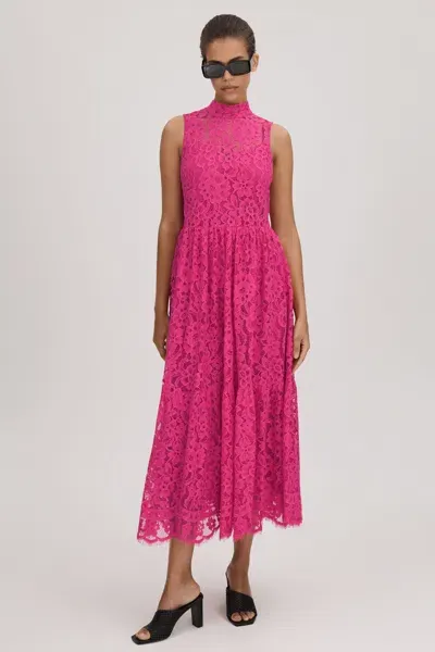 Florere Lace Tie Back Midi Dress In Bright Pink