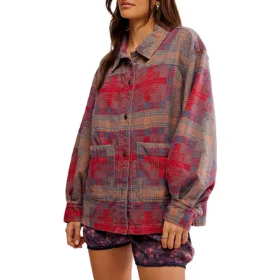 Free People Keep It Cozy Plaid Cotton Flannel Overshirt In Red Combo