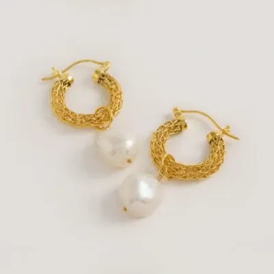 Freya Rose Weave Mini Hoops With Baroque Pearl In Gold