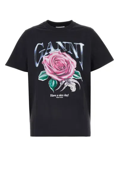 Ganni Printed Organic Cotton-jersey T-shirt In Black