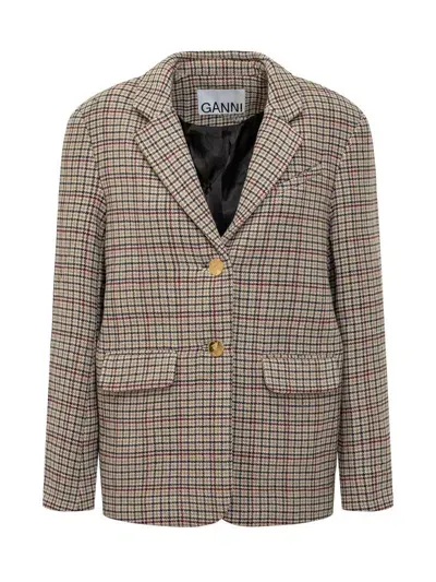 Ganni Check Wool Blazer In Multicolor