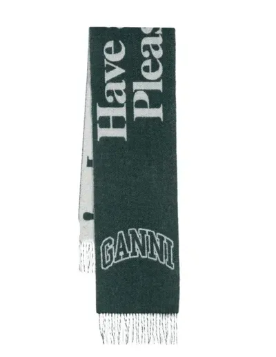 Ganni Fringed Wool Scarf In Green