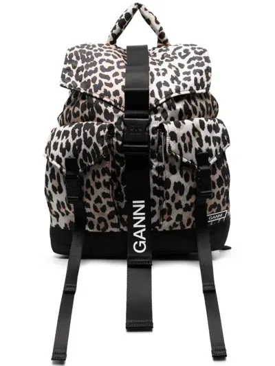 Ganni Leopard-print Buckled Backpack In Brown