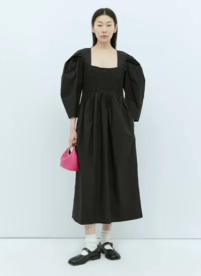 Ganni Cotton Poplin Open-neck Smock Long Dress In Black