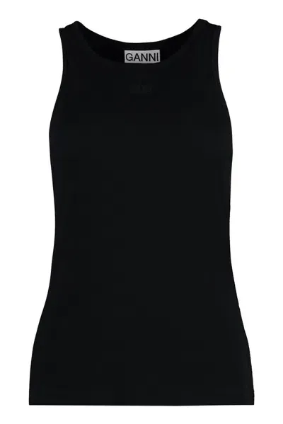 Ganni Ribbed Sleeveless Tank Top In Black