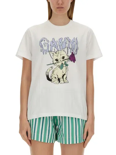 Ganni T-shirt Cat In White