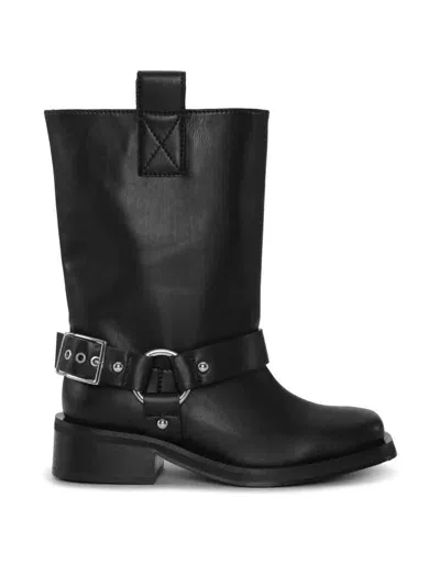 Ganni Women's Black Leather Biker Boots For Ss24