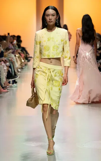 Georges Hobeika Embellished Crepe Cropped Jacket In Yellow