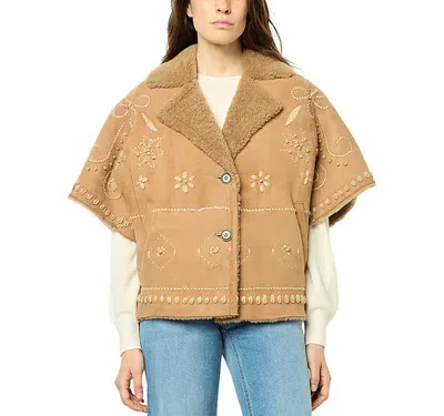 Gerard Darel Lysianna Embroidered Shearling Coat In Straw