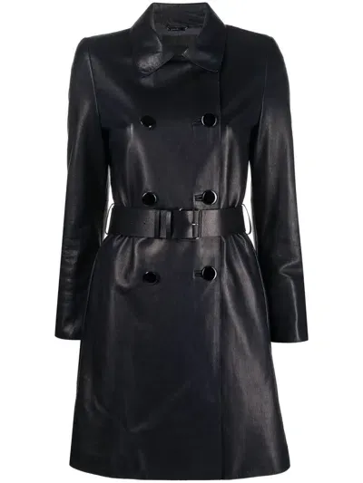 Giorgio Armani Leather Trench Coat In Blue