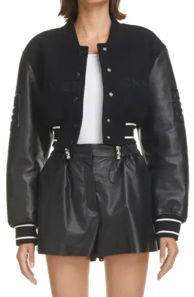 Givenchy Leather Sleeve Logo Crop Varsity Jacket In Black/white