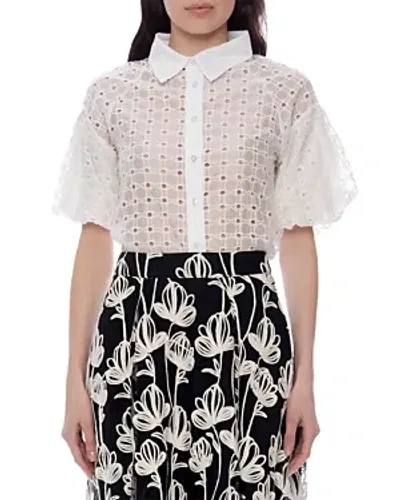 Gracia Circle Embroidered Button Front Shirt In White