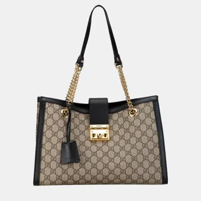 Pre-owned Gucci Beige Black Pvc Leather Gg Supreme Padlock Chain Shoulder Bag