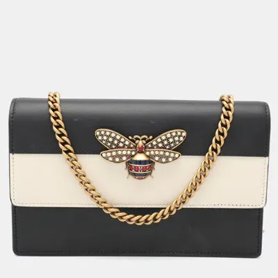 Pre-owned Gucci Black/white Leather Queen Margaret Wallet On Chain