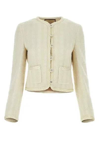 Gucci Tweed Blazer With Cropped Length And Round Neck In White