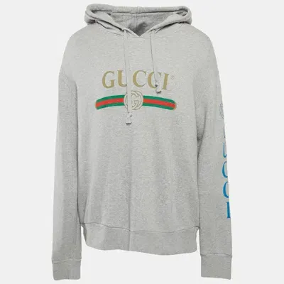 Pre-owned Gucci Grey Logo Print Dragon Embroidered Cotton Hoodie Xl