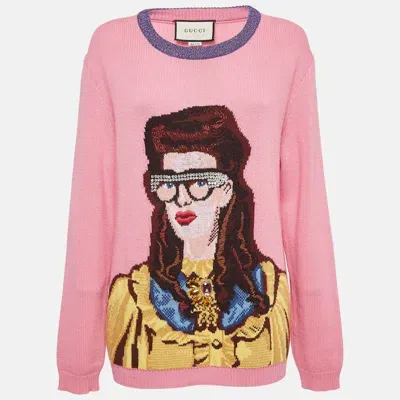 Pre-owned Gucci Pink Embellished & Patterned Wool Knit Sweater Xl