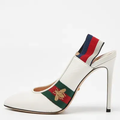 Pre-owned Gucci White Leather Sylvie Web Pointed Toe Slingback Pumps Size 39