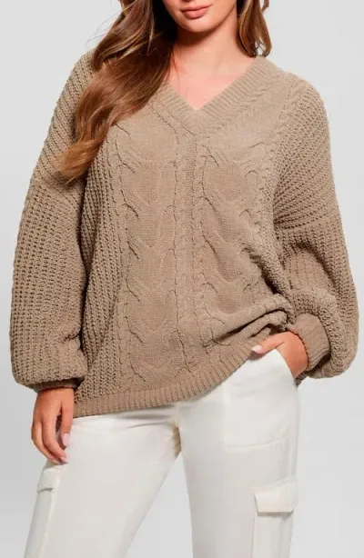 Guess Women's Aki Chenille Cable-knit Long-sleeve Sweater In Tan