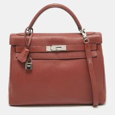 Pre-owned Hermes Rouge Garance Togo Leather Palladium Finish Kelly Retourne 32 Bag In Red