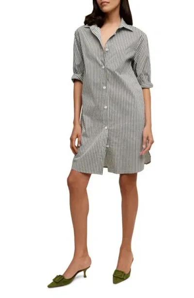 Isaac Mizrahi New York Elbow Sleeve Cotton Shirtdress In Spring Navy Stripe