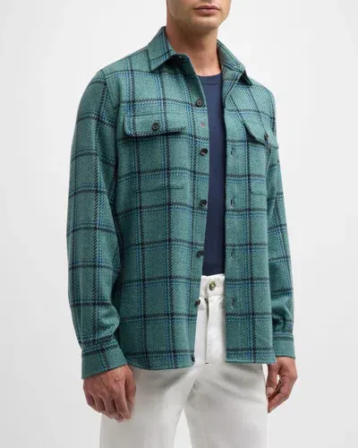 Isaia Men's Cashmere Plaid Overshirt In Bright Gre