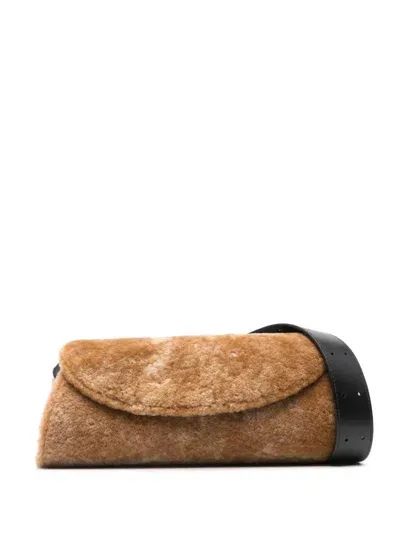 Jil Sander Small Cannolo Shearling Shoulder Bag In Brown