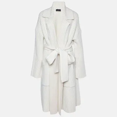 Pre-owned Joseph Ivory Graphic Stitch Merino Wool Cardigan Coat M In Cream