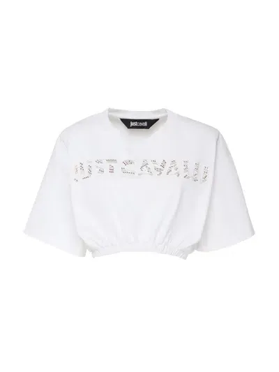 Just Cavalli Crop Top T-shirt In Cotton In Blanco