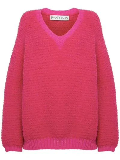 Jw Anderson Bouclé V-neck Sweater In Pink