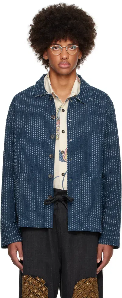 Kartik Research Blue Kantha Cropped Jacket In Indigo/sky