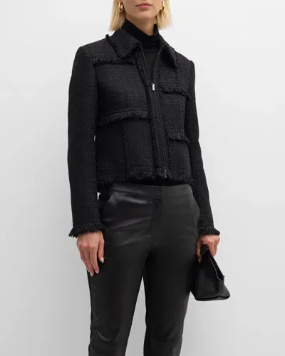 Lafayette 148 Fringe-trim Boucle Tweed Jacket In Black