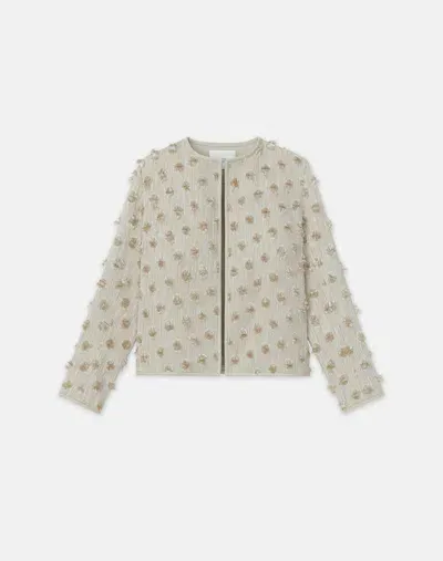 Lafayette 148 Petite Fringed Dot Jacquard Collarless Jacket In Plaster Iridescent