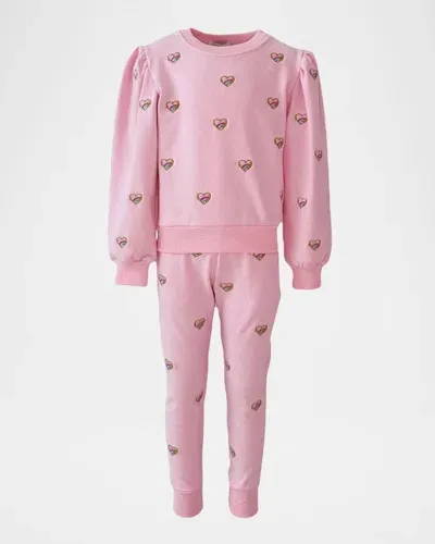 Lola + The Boys Kids' Girl's Embroidered Heart Two-piece Set In Pink