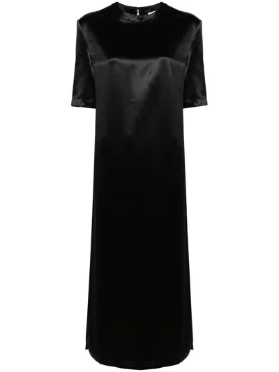 Loulou Studio Tuga Short-sleeve Shift Satin Midi Dress In Black