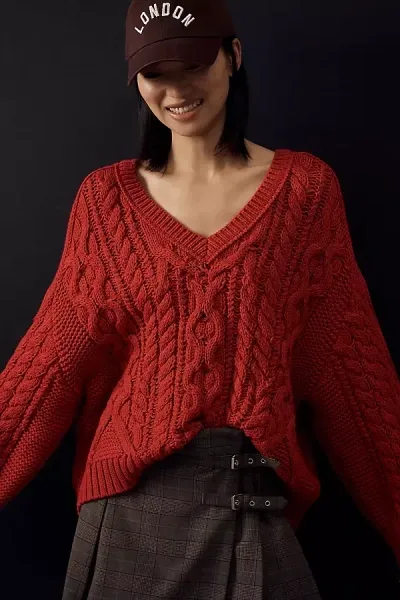 Maeve Wide-sleeve Cable-knit Jumper In Red