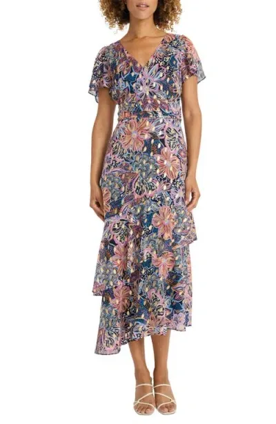 Maggy London Metallic Floral Tiered Ruffle Asymmetric Dress In Indigo/pink Rose