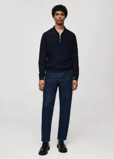 Mango Knitted Polo Shirt With Zip Neck Dark Navy In Bleu Marine Foncé