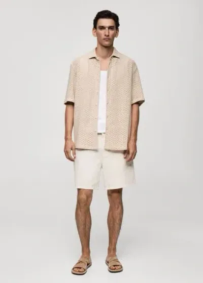 Mango Openwork Knitted Cotton Shirt Sand In Sable