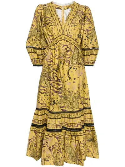 Marchesa Rosa Flying Cheetah Tiered Midi Dress In Yellow