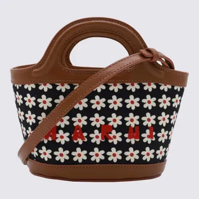 Marni Brown Leather And Cotton Tote Bag In Red/white/black